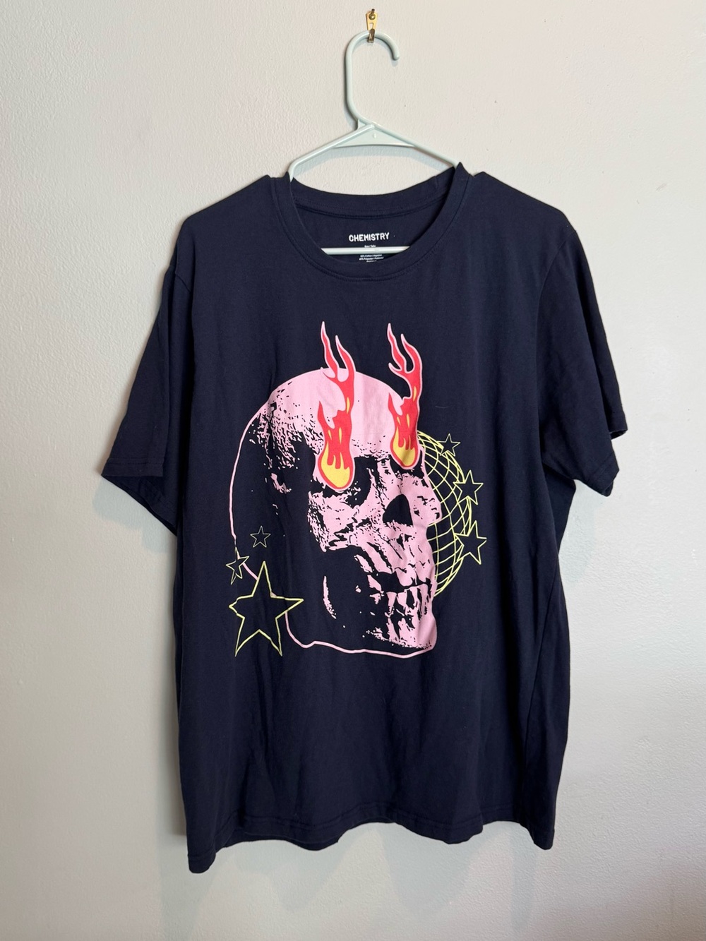 Chemistry Black Tee with Pink Skull, Red Flame Eyes and Yellow Accents